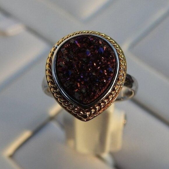 Silver Teardrop Purple Druzy Gemstone Women's Ring Size 6 - Picture 8 of 9